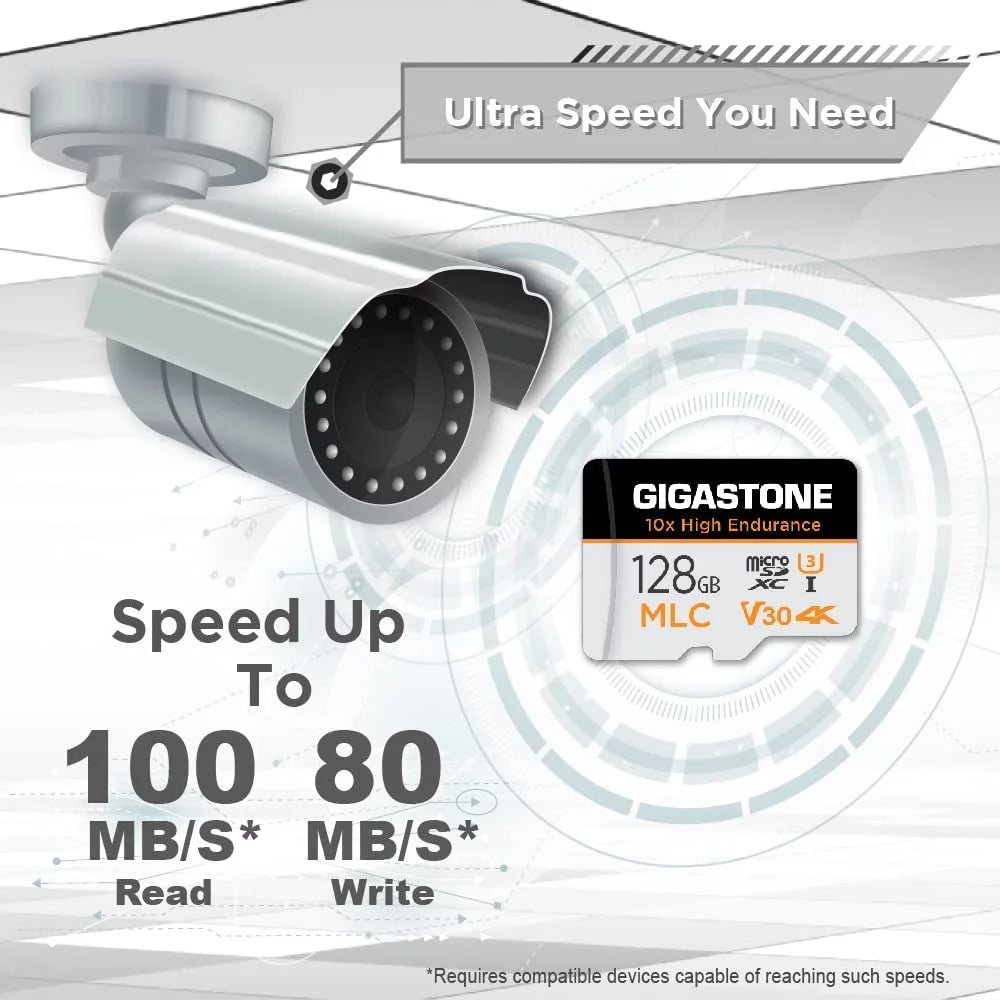 [10x High Endurance] Gigastone 128GB 2-Pack MLC Micro SD Card, 4K Video Recording, Security Cam, Dash Cam, Surveillance Compatible 100MB/s, U3 C10, with Adapter