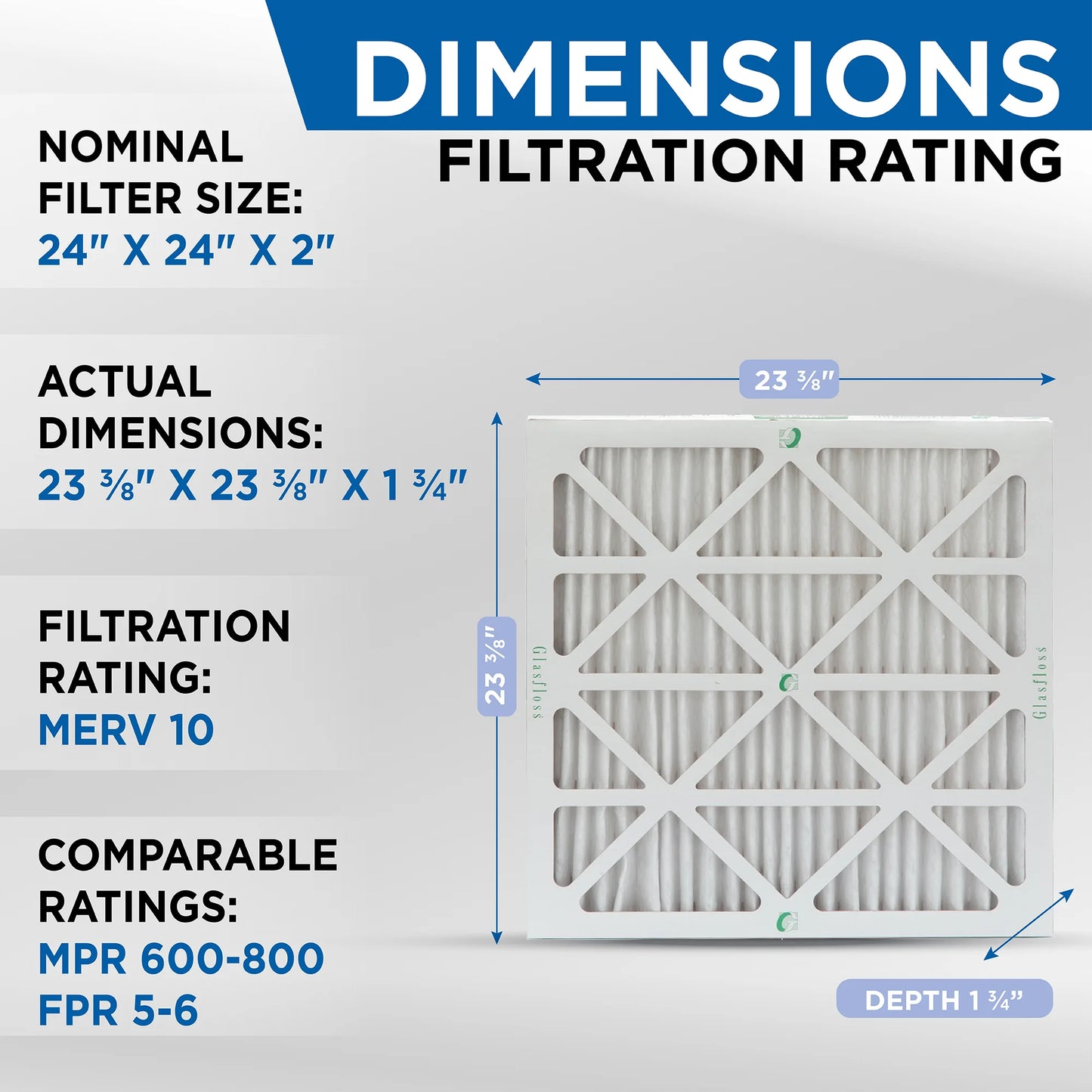 12 Pack of 24x24x2 MERV 10 Pleated 2" Inch Air Filters by Glasfloss. Actual Size: 23-3/8 x 23-3/8 x 1-3/4