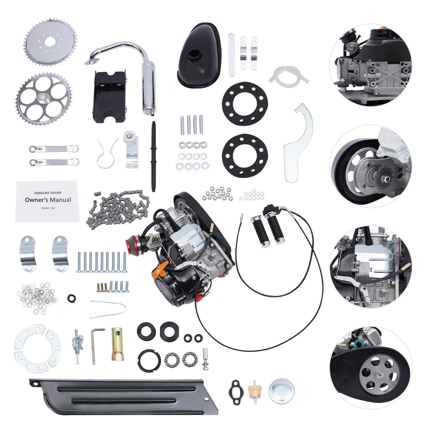 100cc 4 Stroke Bicycle Motor Kit Motorized Bicycle Engine Kit Single Cylinder Petrol Gas Motor Engine Kit, 44 Tooth Chain EZ-156F