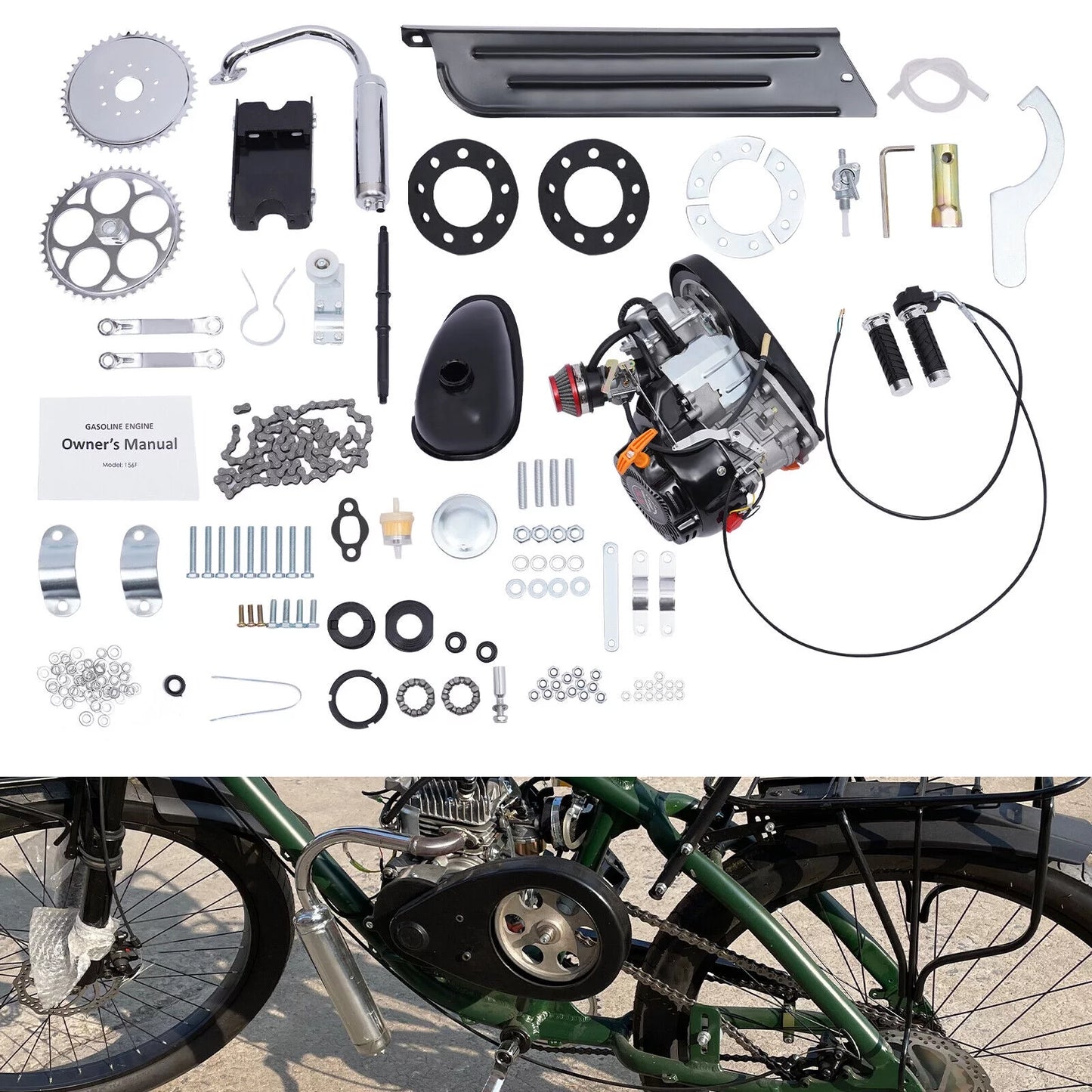 100cc 4 Stroke Bicycle Motor Kit Motorized Bicycle Engine Kit Single Cylinder Petrol Gas Motor Engine Kit, 44 Tooth Chain EZ-156F